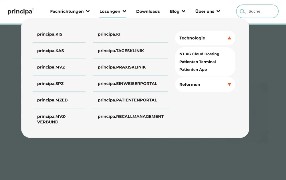 Modernes Mega-Menü einer Praxissoftware-Website