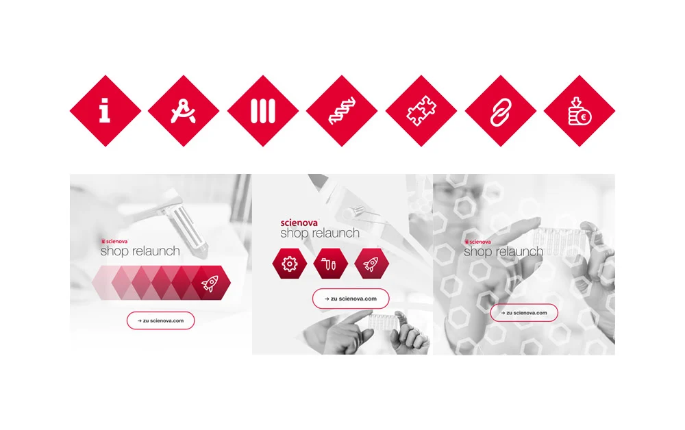 Icon-Set und Instagram-Kacheln aus dem scienova-Projekt, rote Rauten-Icons und drei Social-Media-Posts zum Shop-Relaunch