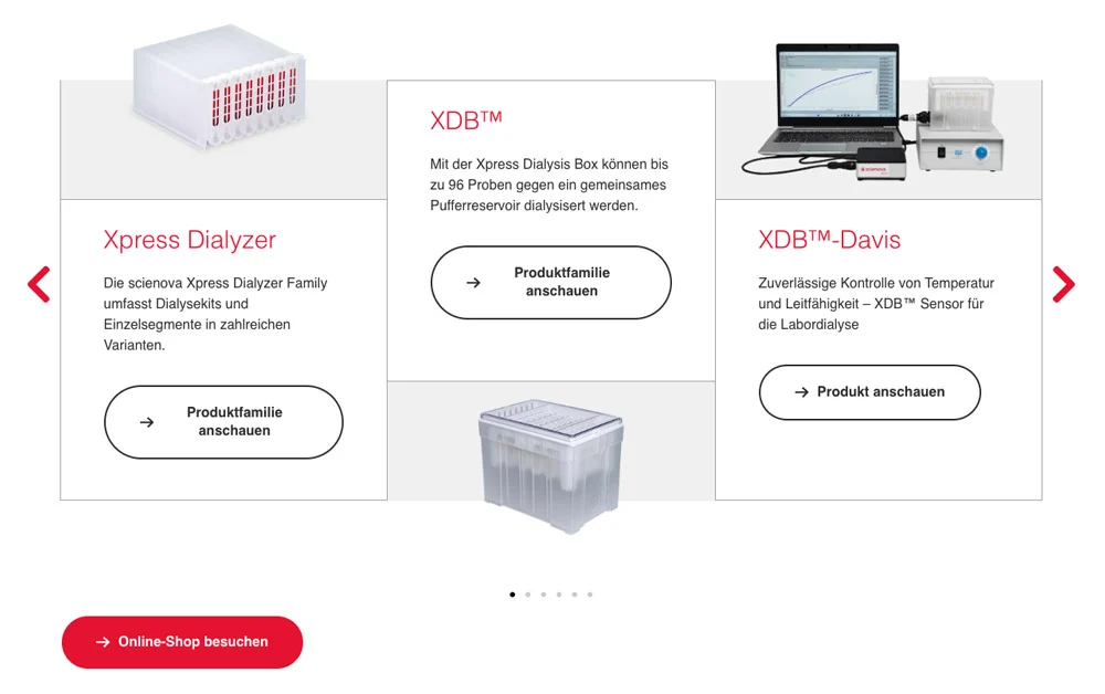 Produkt-Abschnitt der scienova-Website mit den Laborprodukten Xpress Dialyzer, XDB und XDB-Davis, jeweils mit Foto und Button, aus dem B2B-Website-Relaunch