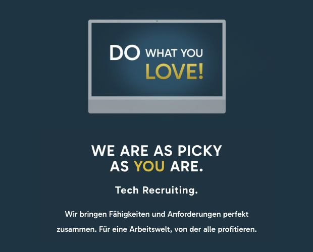 Dunkles Schlüsselmotiv der Tech-Recruiting-Marke ThECxCODE mit einem Monitor und dem Schriftzug Do what you love sowie der Headline We are as picky as you are
